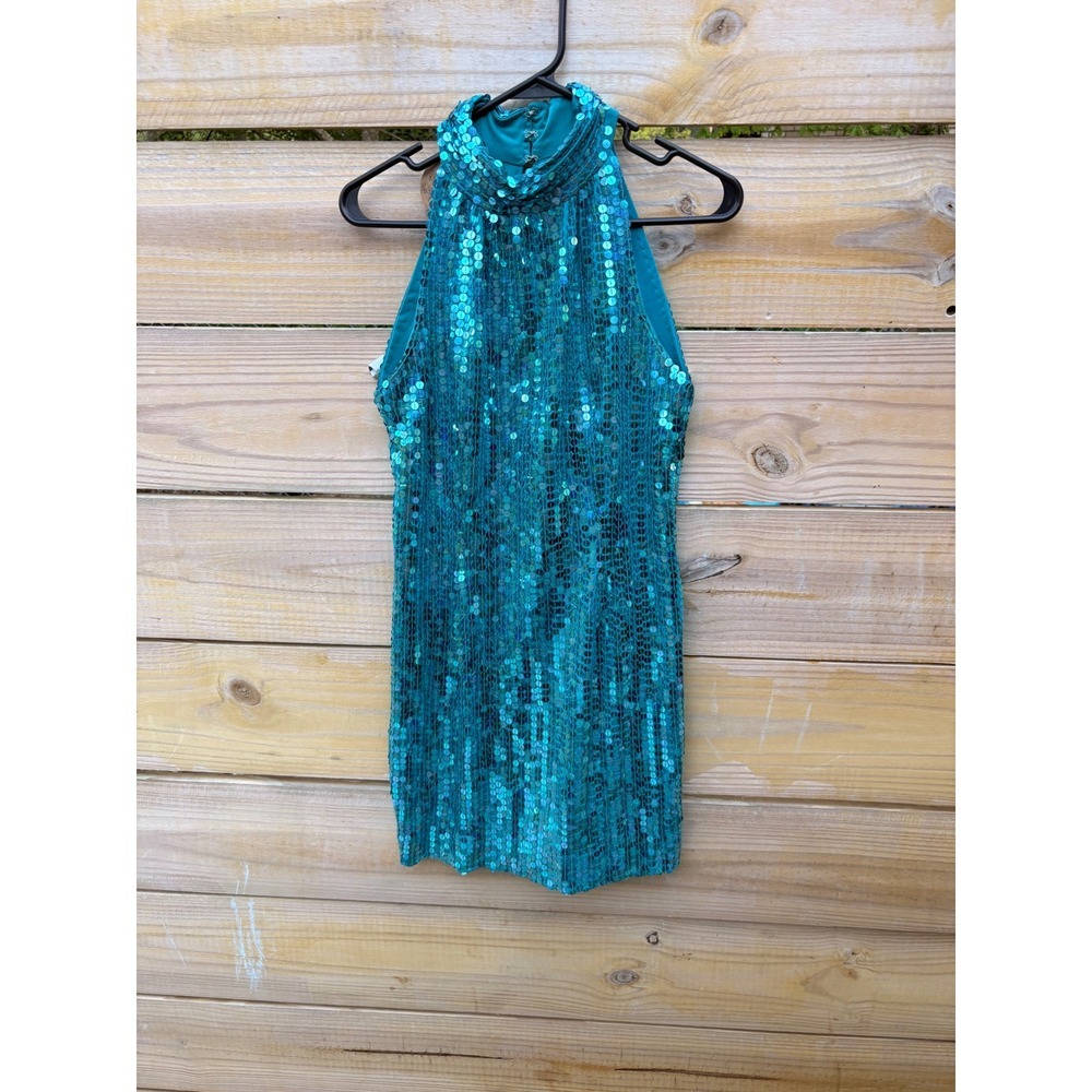 Robert Anthony Teal Sequin Mini Dress Women 12 Mock Neck Keyhole Back Disco Glam